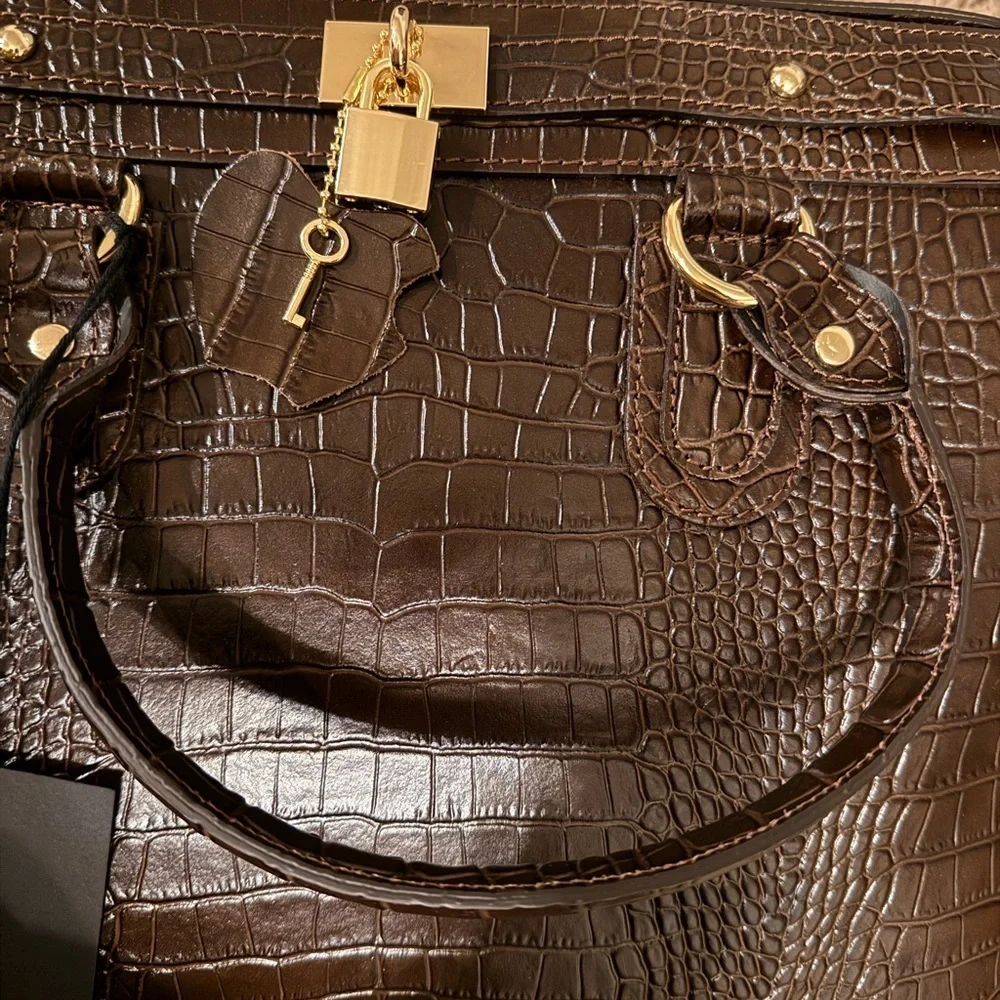 Massimo Castelli Brown Croc-Embossed Large Leather Bag